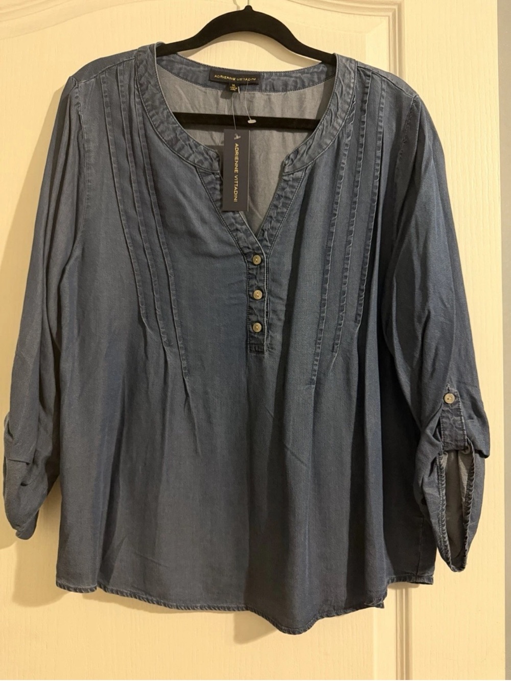 Adrienne Vittadini Washed Blue Pintuck Henley Tunic